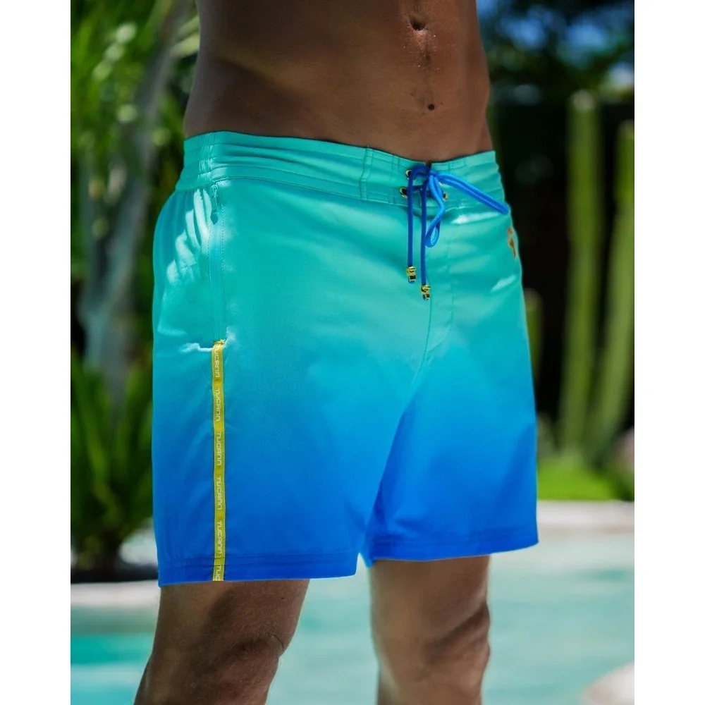 NEW Tucann Faded Ocean Swim Shorts Men Large 5 Inch Inseam Blue Teal Compression
